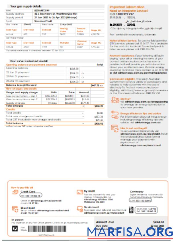 Printable Alinta energy gas utility business bill, page 2, SCR download for verification